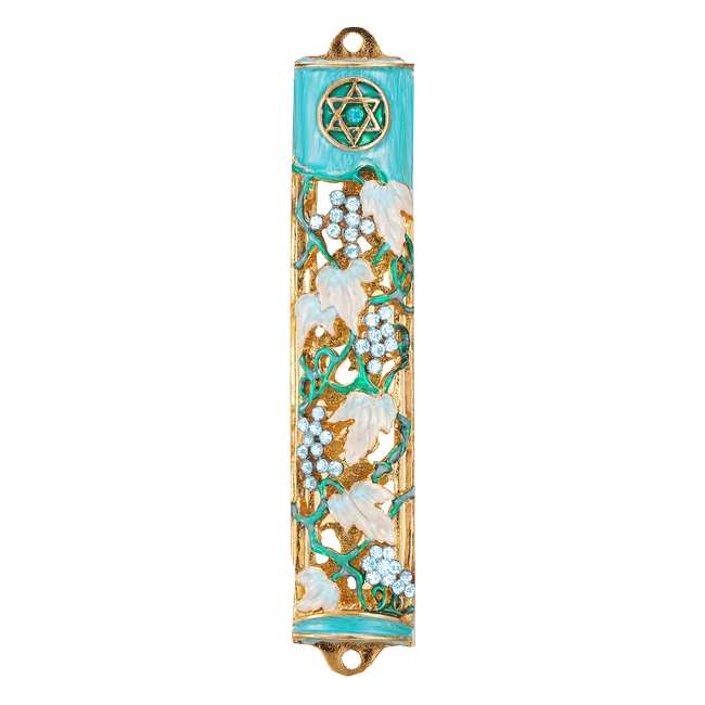 Turquoise Enamel Mezuzah with Grapevine
